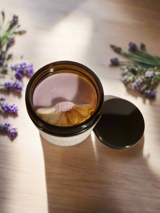 Wickless lavender scented candle lavender color with white daisy flower on top.