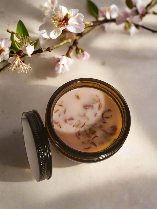 Japanese Cherry Blossom wickless candle. Light pink in color with dry flowers. Long lasting aroma. No open fire burn using warmer light. 