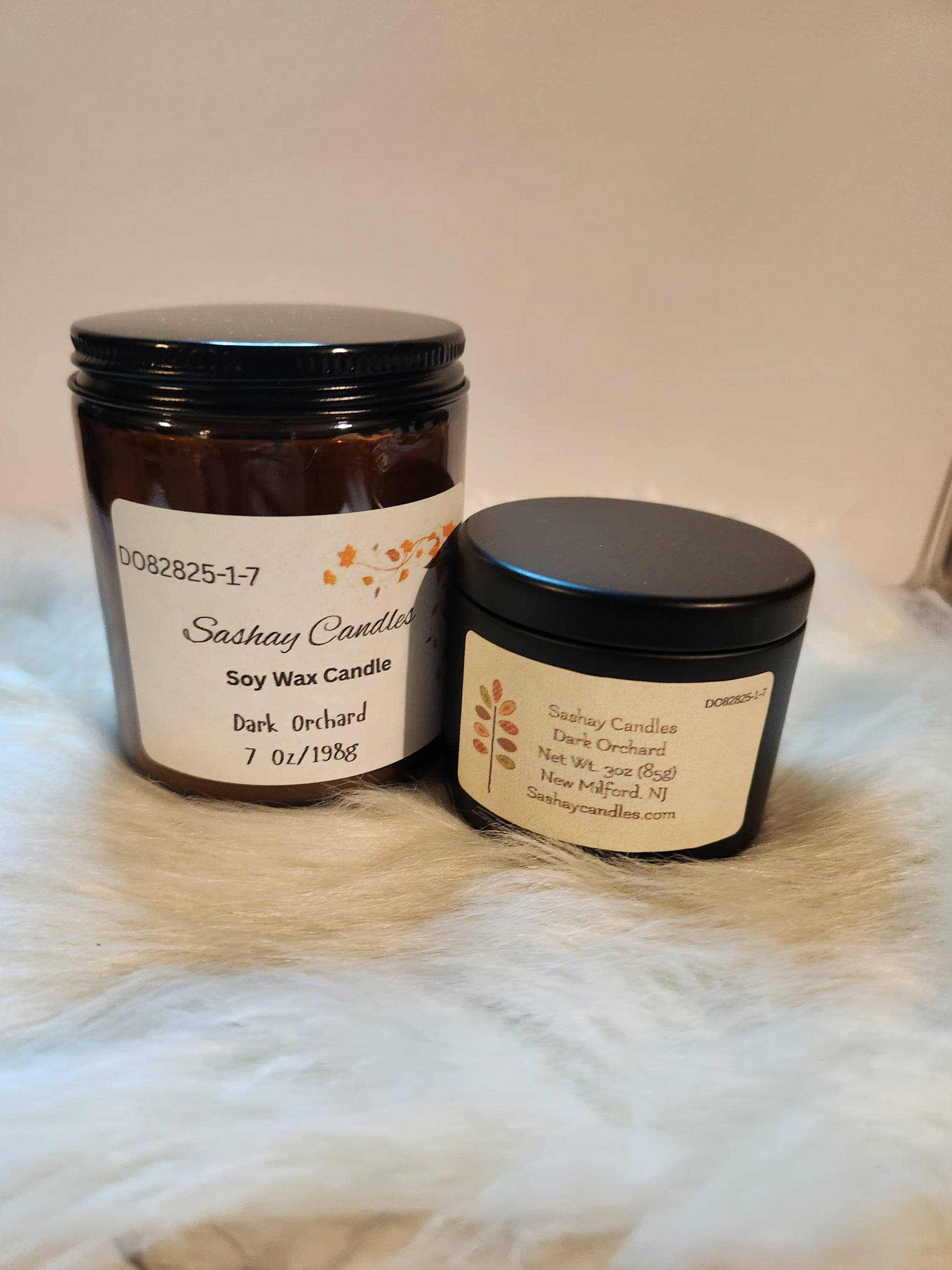 Our fall collection Dark Orchard scented candle are available in 2 sizes 7oz and 3oz. 